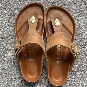 Birkenstock Gizeh Tan Sandals with Big Gold Buckles